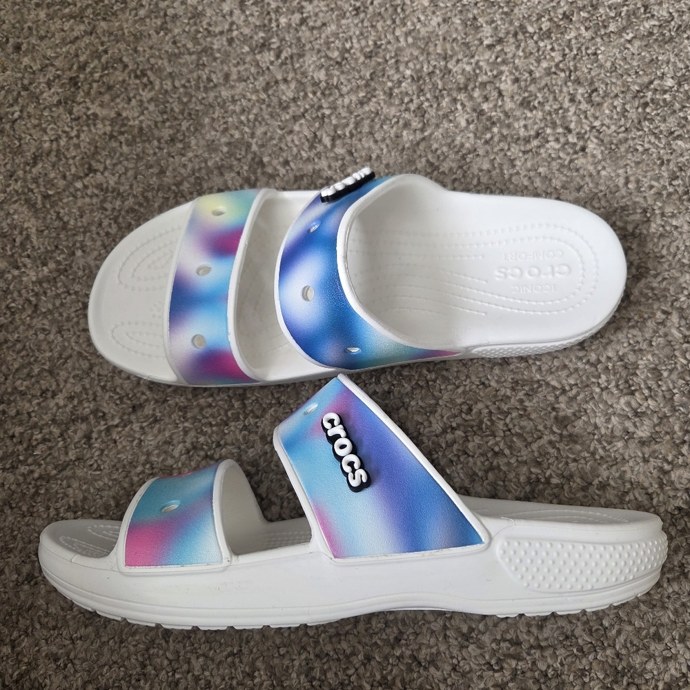 Crocs Solarized Tie Dye Two-Strap Sandals Mens Size 11 -White/Rainbow